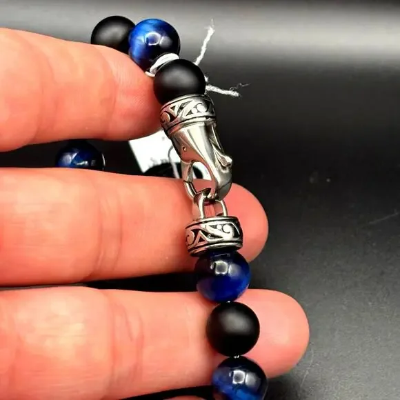 Blackjack BJB244BTN Men’s Blue Tiger Eye Onyx Beaded Bracelet 10mm NIBWT
